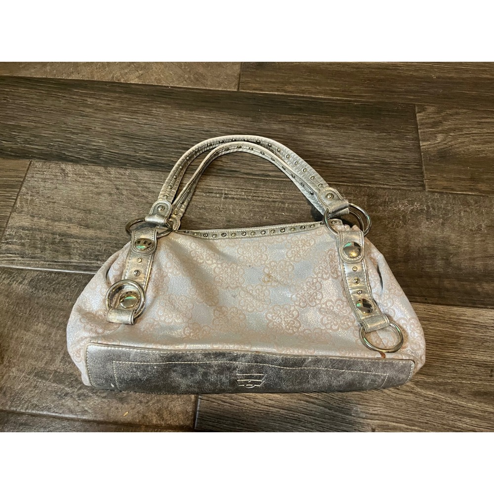 Kathy Van Zeeland Silver Metallic Damask Studded Shoulder Bag Y2K Hobo Handbag